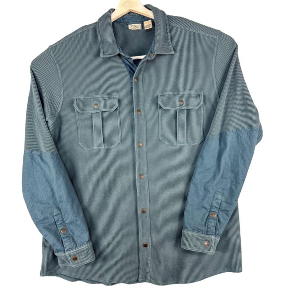 LL Bean Shirt Jacket Mens‎ XL Tall Blue Waffle Knit Snap Front Thermal 518840